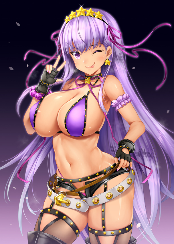 bb_(fate)_(all) bb_(swimsuit_mooncancer)_(fate) bikini black_legwear breasts commentary_request earrings fate/grand_order fate_(series) hair_ornament jewelry large_breasts long_hair looking_at_viewer one_eye_closed oni-noboru purple_bikini purple_eyes purple_hair shiny shiny_hair shiny_skin shorts solo star star_earrings star_hair_ornament swimsuit tan thighhighs tongue tongue_out very_long_hair