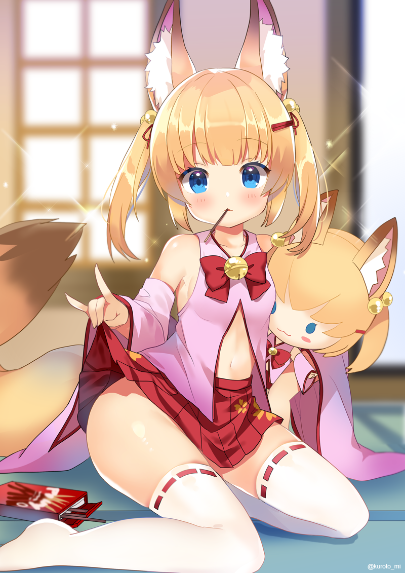 animal_ears bell blonde_hair blue_eyes character_doll commentary_request detached_sleeves food fox_ears fox_tail hair_ornament hairclip jingle_bell kemomimi_oukoku_kokuei_housou kneeling kurot lifted_by_self long_hair looking_at_viewer mikoko_(kemomimi_oukoku_kokuei_housou) miniskirt mouth_hold navel open_clothes open_shirt pink_shirt pocky red_skirt shirt skirt skirt_lift solo sparkle stuffed_toy tail thighhighs thighs twintails white_legwear window zettai_ryouiki