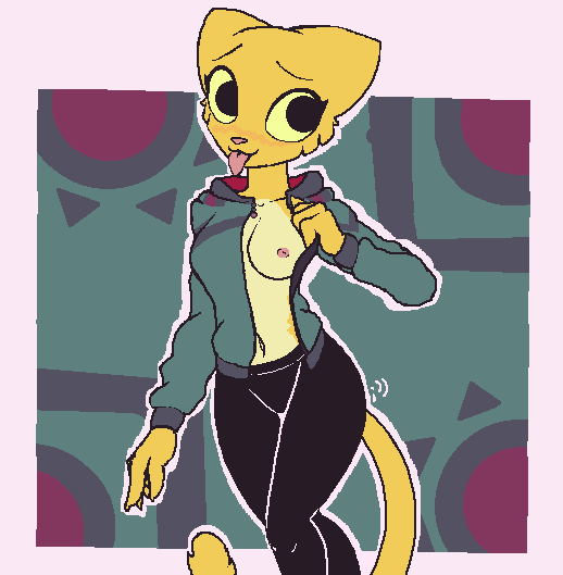 2018 anthro blep blush breasts clothed clothing feline female fur katia_managan khajiit mammal nipples one_breast_out prequel presenting raydio simple_background smile solo teasing the_elder_scrolls tongue tongue_out video_games yoga_pants