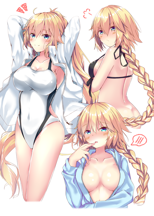 1girl :o ahoge angry armpits arms_up ass bangs bare_back black_bikini_top black_ribbon blonde_hair blue_eyes blue_jacket blush bottomless braid breast_hold breasts breasts_apart cleavage closed_mouth collarbone commentary_request competition_swimsuit covered_navel cropped_legs eyebrows_visible_through_hair fate/grand_order fate_(series) finger_to_mouth fume hair_between_eyes halterneck jacket jeanne_d'arc_(fate)_(all) jeanne_d'arc_(swimsuit_archer) long_hair long_sleeves looking_at_viewer looking_to_the_side multiple_views naked_coat no_bra one-piece_swimsuit open_mouth ribbon sideboob simple_background single_braid smile spoken_blush strap_gap swimsuit tetranono thighs unzipped v-shaped_eyebrows very_long_hair white_background white_jacket white_swimsuit zipper
