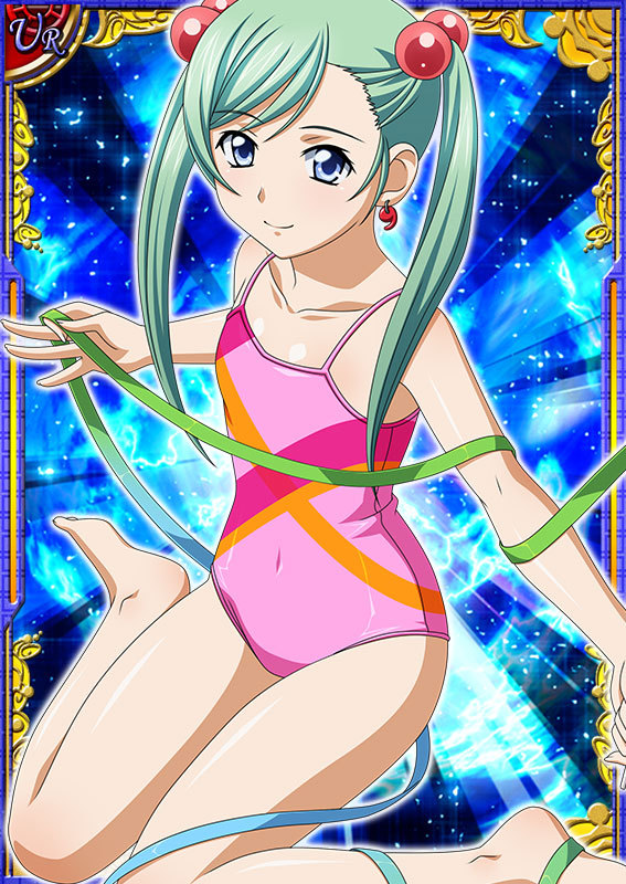 00s 1girl bare_legs blush breasts card_(medium) curvy female green_hair hair_ornament ikkitousen long_hair looking_at_viewer one-piece_swimsuit shiny shiny_skin shokatsuryou_koumei sitting small_breasts swimsuit twintails