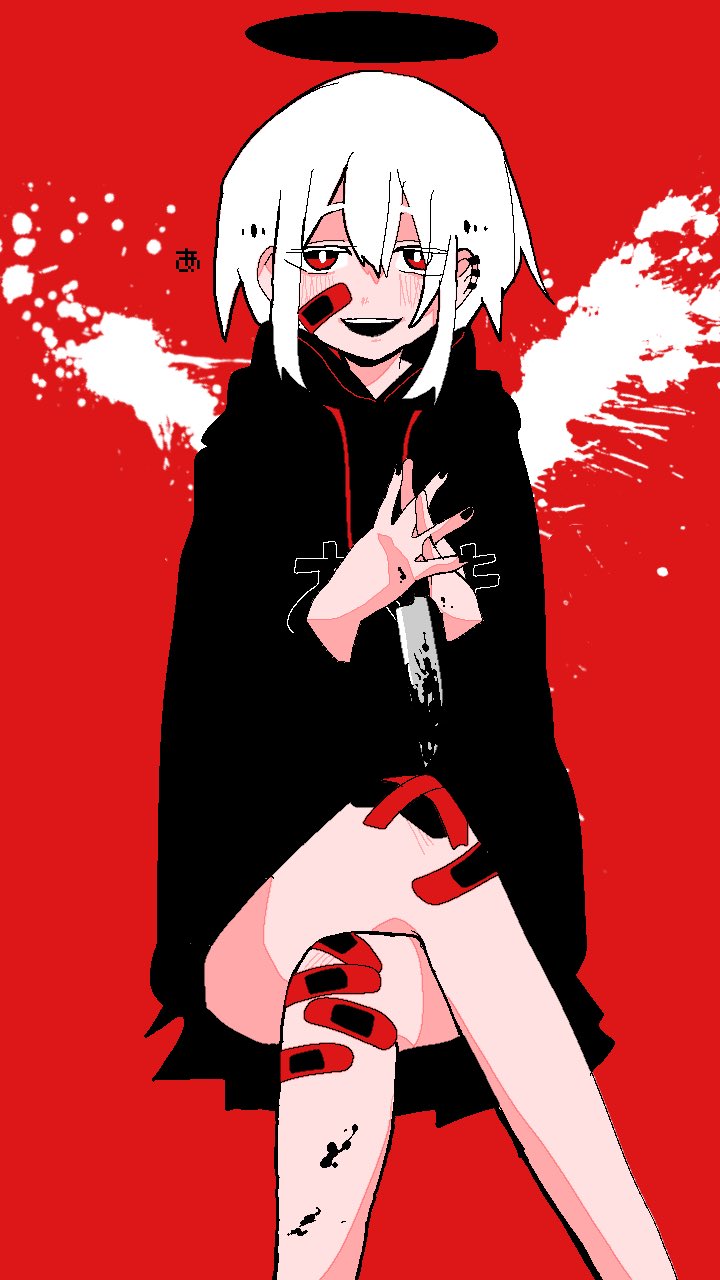 :d bandaid bandaid_on_face bandaid_on_knee bandaid_on_leg bangs black_jacket black_nails black_skirt black_sweater blood blood_on_leg blood_splatter blood_wings commentary_request drawstring eguchi_saan flat_color hair_between_eyes halo highres holding holding_knife hood hooded_jacket interlocked_fingers jacket kitchen_knife knife nail_polish open_mouth original pleated_skirt red_background red_eyes shirt short_hair simple_background skirt smile solo sweater teeth white_shirt