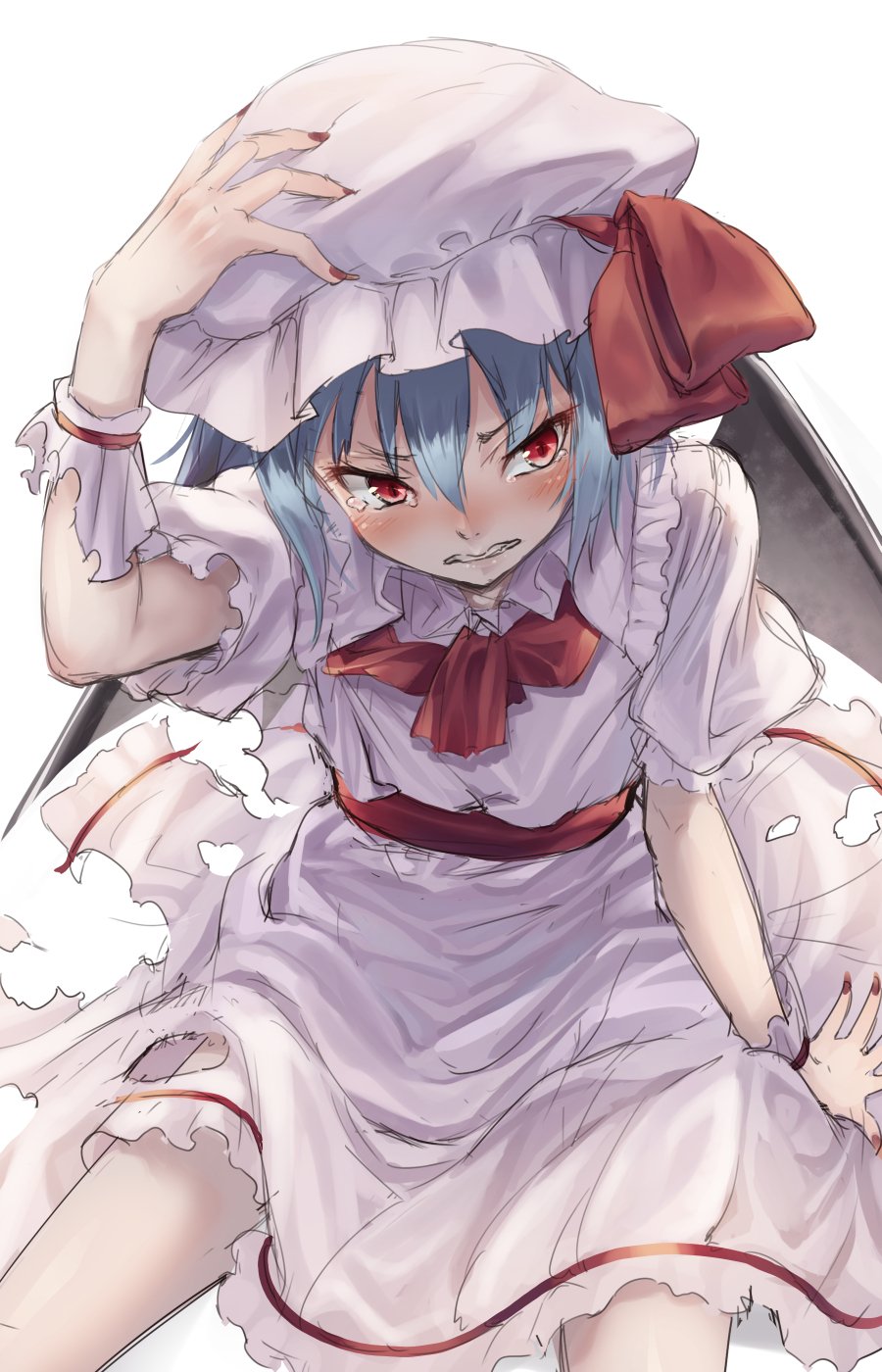 arm_up bangs bat_wings blue_hair blush clenched_teeth commentary_request cowboy_shot dress eyebrows_visible_through_hair frilled_shirt_collar frills hair_between_eyes hand_on_headwear hat hat_ribbon highres looking_at_viewer mob_cap nail_polish puffy_short_sleeves puffy_sleeves red_eyes red_nails red_neckwear red_ribbon red_sash remilia_scarlet ribbon sash short_hair short_sleeves simple_background sitting solo tears teeth thighs torn_clothes torn_dress touhou usotsuki_penta v-shaped_eyebrows white_background white_dress white_hat wings wrist_cuffs