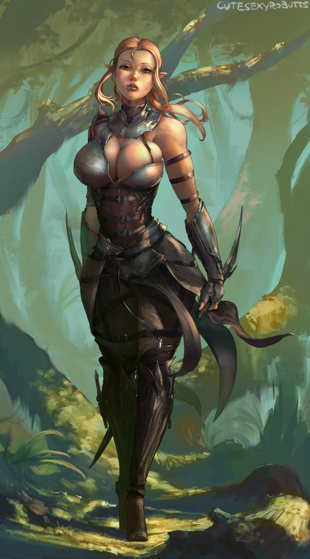 armor artist_name bare_shoulders blonde_hair breasts cleavage commission cutesexyrobutts divinity:_original_sin divinity:_original_sin_2 elf forest highres hips large_breasts lips long_hair looking_at_viewer nature pointy_ears red_eyes sebille signature solo standing thighs tree