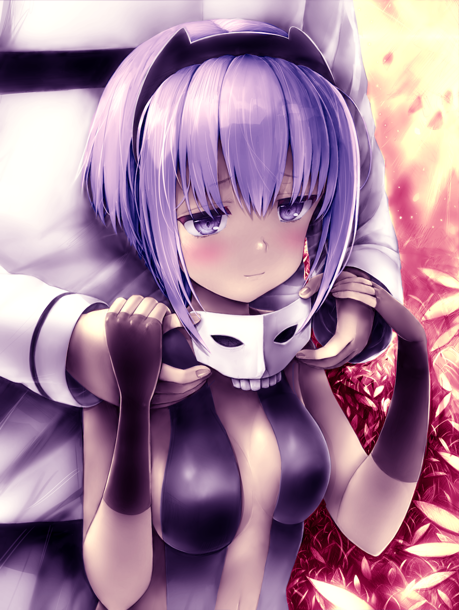1girl bangs black_gloves black_hairband blush breasts commentary_request fate/grand_order fate_(series) fingerless_gloves gloves hair_between_eyes hairband hassan_of_serenity_(fate) highres holding_hands looking_at_viewer mask mask_removed medium_breasts navel purple_eyes purple_hair short_hair tranquillianusmajor upper_body