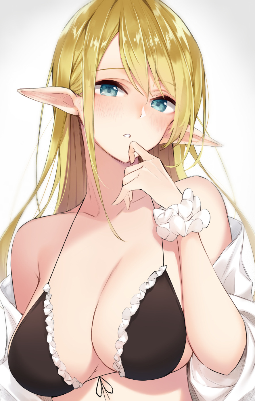 anza_tomo black_bikini_top blonde_hair blue_eyes breasts cleavage elf frill_trim front-tie_bikini front-tie_top gradient gradient_background hand_to_own_mouth highres large_breasts long_hair off_shoulder original parted_lips pointy_ears scrunchie sidelocks simple_background solo upper_body wrist_scrunchie