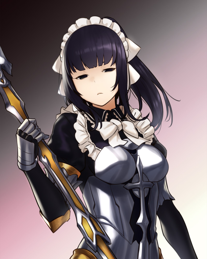 apron armor bangs black_eyes black_hair blunt_bangs bow breastplate breasts closed_mouth dress gloves gradient gradient_background holding holding_staff holding_weapon houtengeki long_hair looking_at_viewer maid maid_apron maid_headdress medium_breasts narberal_gamma overlord_(maruyama) ponytail simple_background solo staff standing weapon white_bow