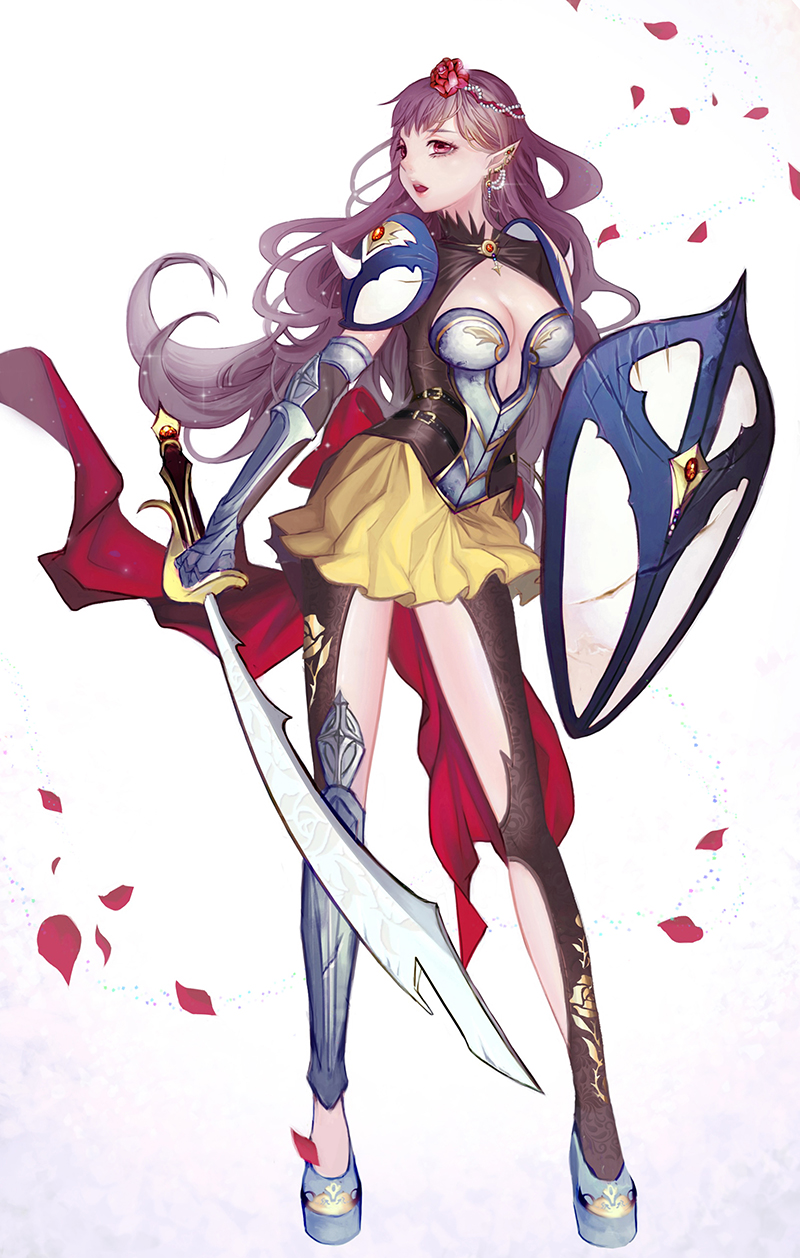 :o antweiyi asymmetrical_legwear belt black_legwear blue_footwear breasts brown_hair cleavage cleavage_cutout commentary_request earrings elbow_gloves flower full_body gauntlets gloves greaves highres holding holding_sword holding_weapon jewelry long_hair long_legs medium_breasts petals pointy_ears red_eyes red_flower red_sash ribbon sash shield shoulder_armor skirt solo standing sword valiant_force very_long_hair weapon yellow_skirt