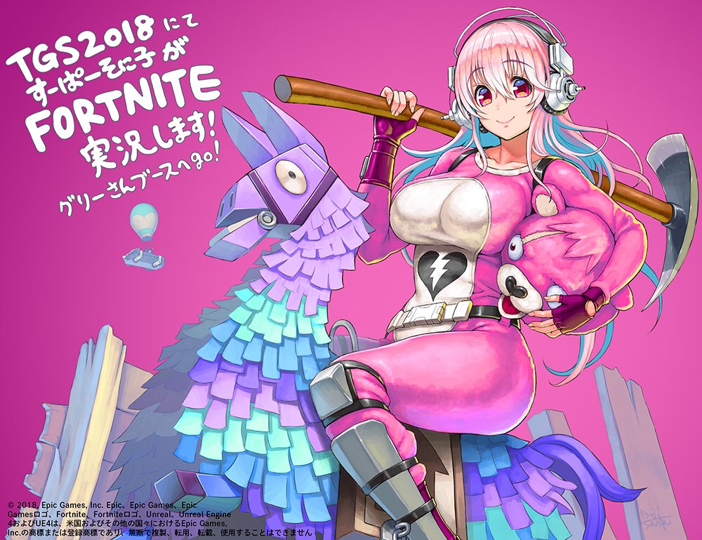 belt blush bodysuit breasts closed_mouth commentary_request fortnite headphones large_breasts long_hair looking_at_viewer nitroplus official_art pickaxe pinata pink_bodysuit pink_eyes pink_hair red_eyes riding shiny shiny_hair shiny_skin skin_tight smile solo super_sonico tsuji_santa