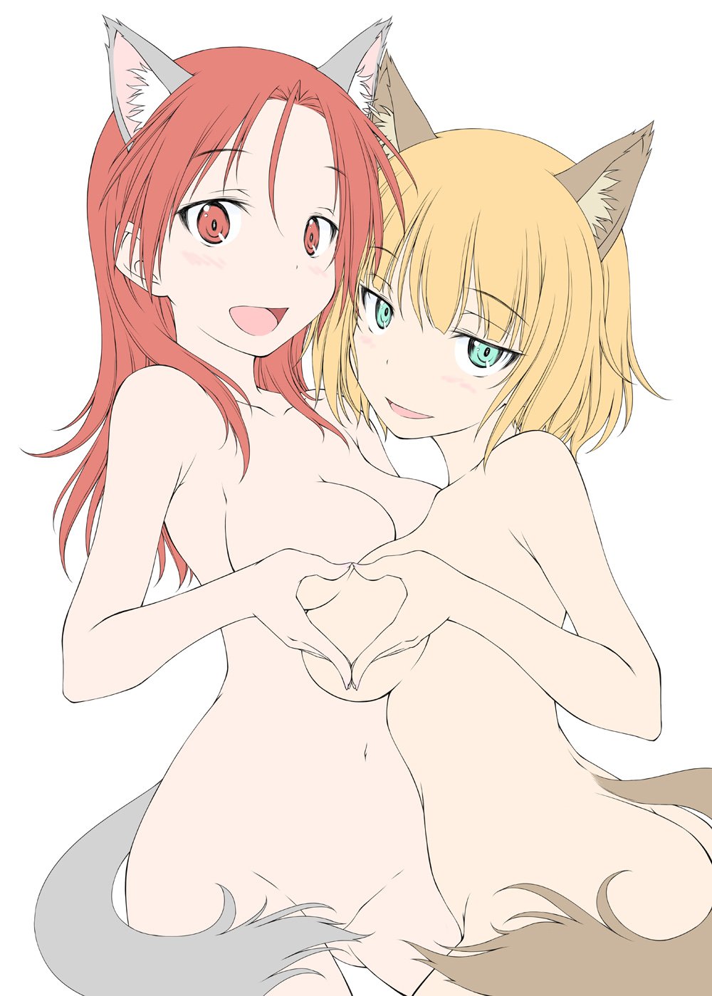 animal_ears ass ass_visible_through_thighs asymmetrical_docking bangs brave_witches breast_press breasts brown_hair commentary_request convenient_arm cowboy_shot eyebrows_visible_through_hair green_eyes gundula_rall half-closed_eyes heart heart_hands highres iwami_kyuuto long_hair looking_at_viewer medium_breasts minna-dietlinde_wilcke multiple_girls naughty_face navel nude open_mouth red_eyes red_hair short_hair sideboob simple_background sketch smile standing strike_witches symmetrical_hand_pose tail tail_censor trait_connection untied white_background wolf_ears wolf_tail world_witches_series