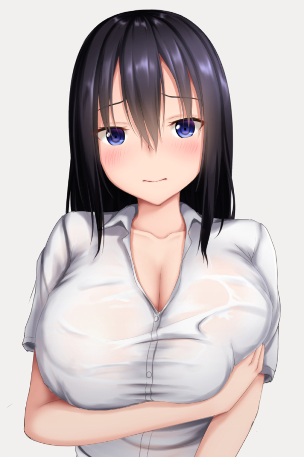 arm_across_chest bad_id bad_pixiv_id bangs black_hair blue_eyes blush breast_hold breasts cleavage closed_mouth collared_shirt commentary_request dress_shirt eyebrows_visible_through_hair grey_background hair_between_eyes head_tilt huge_breasts long_hair looking_at_viewer original see-through shirt short_sleeves simple_background solo tapisuke wet wet_clothes wet_shirt white_shirt