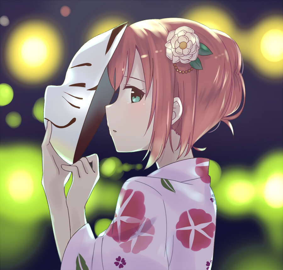 aqua_eyes backlighting blurry blurry_background commentary english_commentary floral_print flower fox_mask from_side hair_flower hair_ornament holding holding_mask japanese_clothes kimono kurosawa_ruby long_sleeves looking_at_viewer looking_to_the_side love_live! love_live!_sunshine!! mask parted_lips print_kimono profile red_hair ru_yue_kong short_hair sidelocks sideways_glance solo upper_body white_flower white_kimono