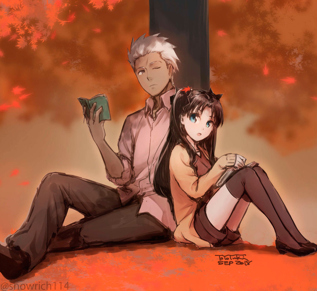 1girl :o against_tree archer artist_name autumn autumn_leaves bangs black_footwear black_hair black_ribbon blue_eyes book brown_eyes brown_jacket brown_legwear brown_pants brown_shorts collared_shirt commentary_request dark_skin dated day falling_leaves fate/stay_night fate_(series) grey_hair grey_shirt hair_ribbon jacket knees_up leaf long_hair long_sleeves on_ground open_book open_clothes open_jacket open_mouth outdoors pants parted_bangs ribbon shirt shoes short_shorts shorts signature sleeves_past_wrists sleeves_rolled_up thighhighs toosaka_rin tree two_side_up wing_collar yukako_(toyoyuki)