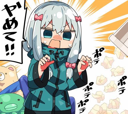 bangs blue_eyes blue_jacket blush bow commentary eromanga_sensei eyebrows_visible_through_hair hair_between_eyes hair_bow hands_up izumi_sagiri jacket kanikama long_hair long_sleeves lowres nose_blush open_mouth pink_bow silver_hair solo stuffed_animal stuffed_octopus stuffed_toy sweat teddy_bear track_jacket translated trash_can used_tissue v-shaped_eyebrows wide_sleeves