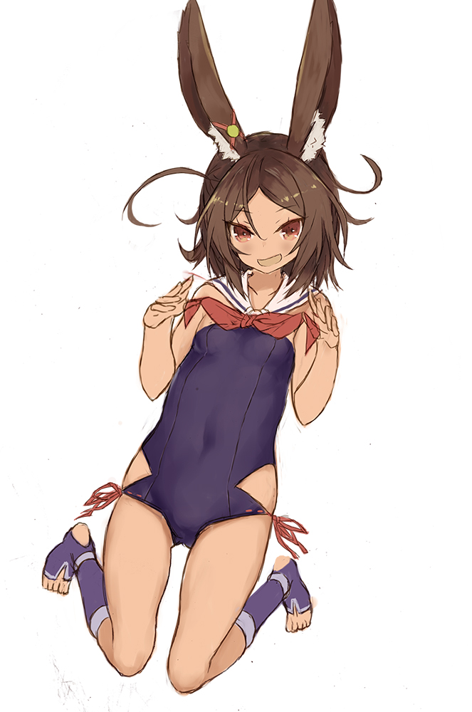 :d animal_ear_fluff animal_ears azur_lane bangs bare_arms bare_shoulders blue_swimsuit blush breasts brown_eyes brown_hair bunny_ears dark_skin eyebrows_visible_through_hair goekawa hair_between_eyes hands_up i-26_(azur_lane) long_hair looking_at_viewer neckerchief one-piece_swimsuit open_mouth parted_bangs purple_footwear red_neckwear sailor_collar simple_background small_breasts smile solo strapless strapless_swimsuit swimsuit toeless_legwear white_background white_sailor_collar