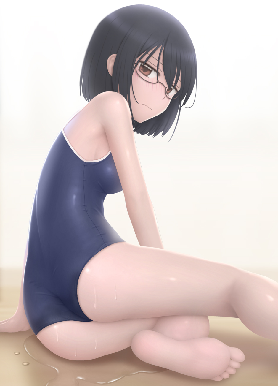 arm_support asobi_asobase ass bare_legs barefoot black_hair blue_swimsuit blush breasts closed_mouth competition_school_swimsuit feet glasses gradient gradient_background grey_background highres looking_at_viewer looking_back medium_breasts nomura_kasumi nose_blush one-piece_swimsuit school_swimsuit semi-rimless_eyewear short_hair siraha sitting solo swimsuit under-rim_eyewear wet