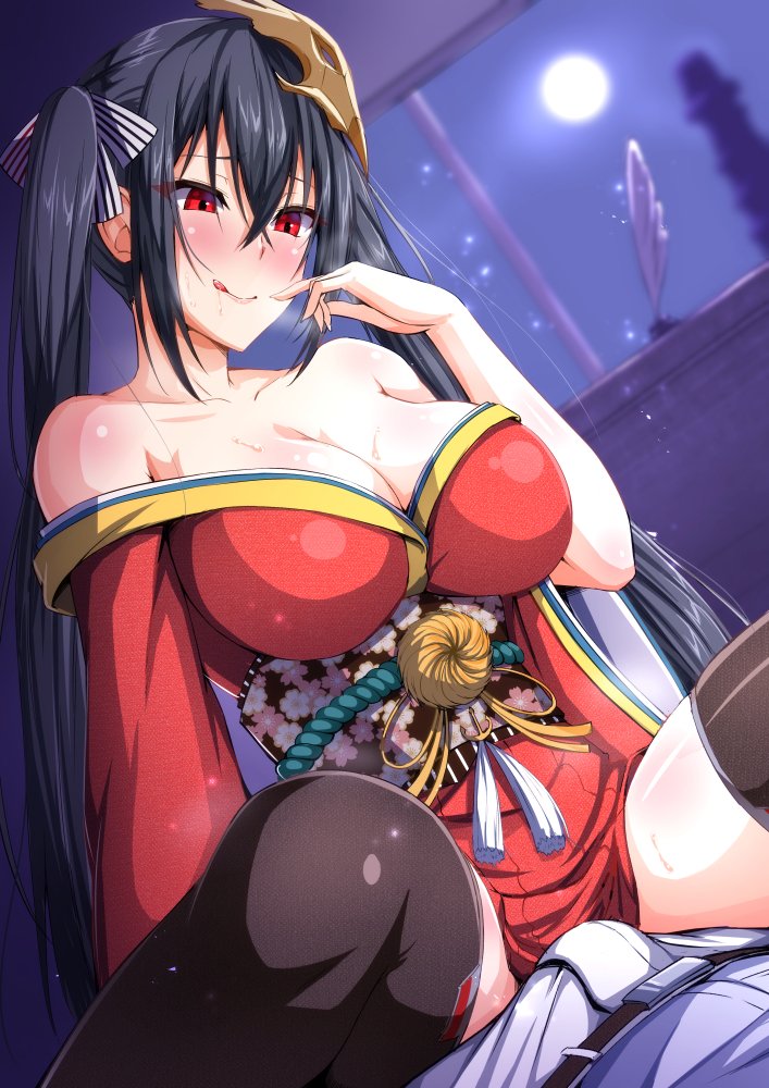 1girl arima_kouichi azur_lane bangs bare_shoulders black_hair black_legwear blush breasts choker cleavage cocktail_dress collarbone commentary_request dress erection erection_under_clothes girl_on_top hair_between_eyes hair_ornament hair_ribbon japanese_clothes large_breasts long_hair red_choker red_dress red_eyes ribbon saliva smile solo_focus sweat taihou_(azur_lane) thighhighs tied_hair tongue tongue_out twintails very_long_hair