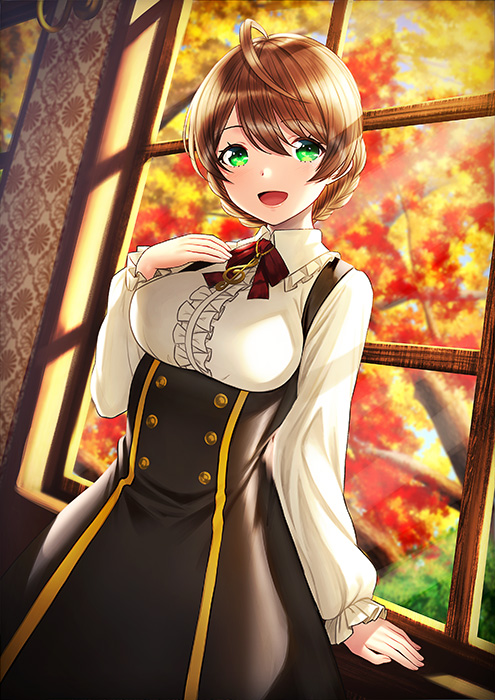 :d against_window ahoge arm_at_side autumn bangs black_skirt blush braid breasts brown_hair center_frills commentary_request cowboy_shot day eyebrows_visible_through_hair frilled_shirt_collar frilled_sleeves frills green_eyes hand_on_own_chest hand_up high-waist_skirt idolmaster idolmaster_million_live! indoors jewelry kyon_(fuuran) long_sleeves looking_at_viewer medium_breasts neck_ribbon necklace open_mouth pendant red_neckwear red_ribbon ribbon sakuramori_kaori shirt short_hair skirt smile solo suspender_skirt suspenders swept_bangs treble_clef white_shirt window