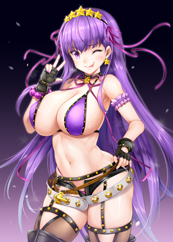 bb_(fate)_(all) bb_(swimsuit_mooncancer)_(fate) bikini black_legwear breasts earrings fate/grand_order fate_(series) hair_ornament jewelry large_breasts long_hair looking_at_viewer one_eye_closed oni-noboru purple_bikini purple_eyes purple_hair shiny shiny_hair shiny_skin shorts solo star star_earrings star_hair_ornament swimsuit thighhighs tongue tongue_out very_long_hair