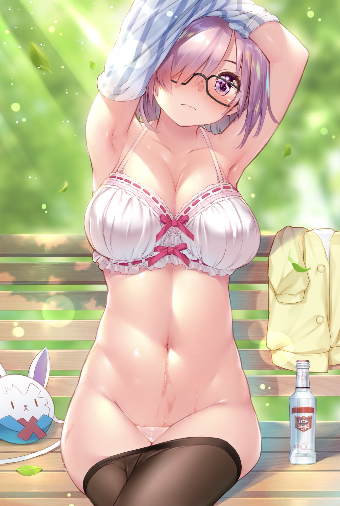 armpits arms_behind_head arms_up bad_proportions bare_shoulders bench blush bottle bottomless bow bow_bra bra breasts cleavage closed_mouth collarbone commentary_request crotch_seam fate/grand_order fate_(series) glasses hair_over_one_eye hamadamiku01 highres hips jacket jacket_removed large_breasts lavender_hair leaf lens_flare light_particles looking_at_viewer mash_kyrielight navel no_panties pantyhose pantyhose_pull purple_eyes shirt_lift short_hair sitting solo stomach sunlight sweater underwear wakamezake white_bra yellow_jacket