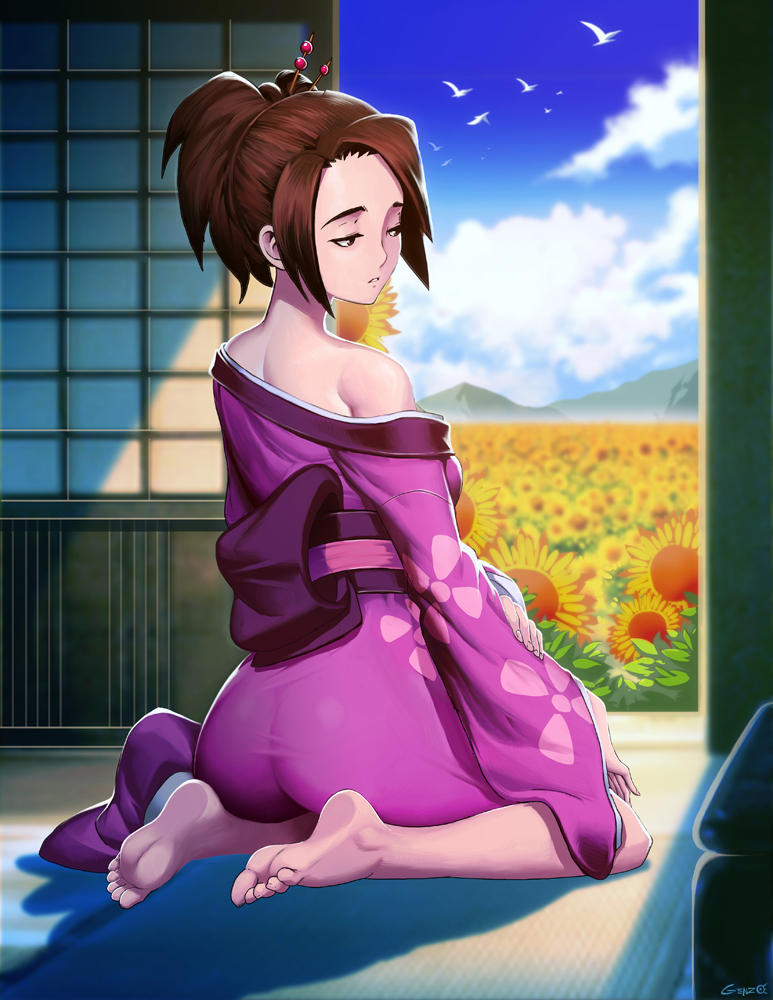 artist_name ass back bare_shoulders barefoot bird blue_sky brown_hair cloud commentary_request day doorway feet flower from_behind fuu genzoman hair_ornament hair_up hairpin japanese_clothes kimono looking_back mountain off_shoulder open_door parted_lips pink_kimono samurai_champloo sitting sky solo sunflower toes wariza