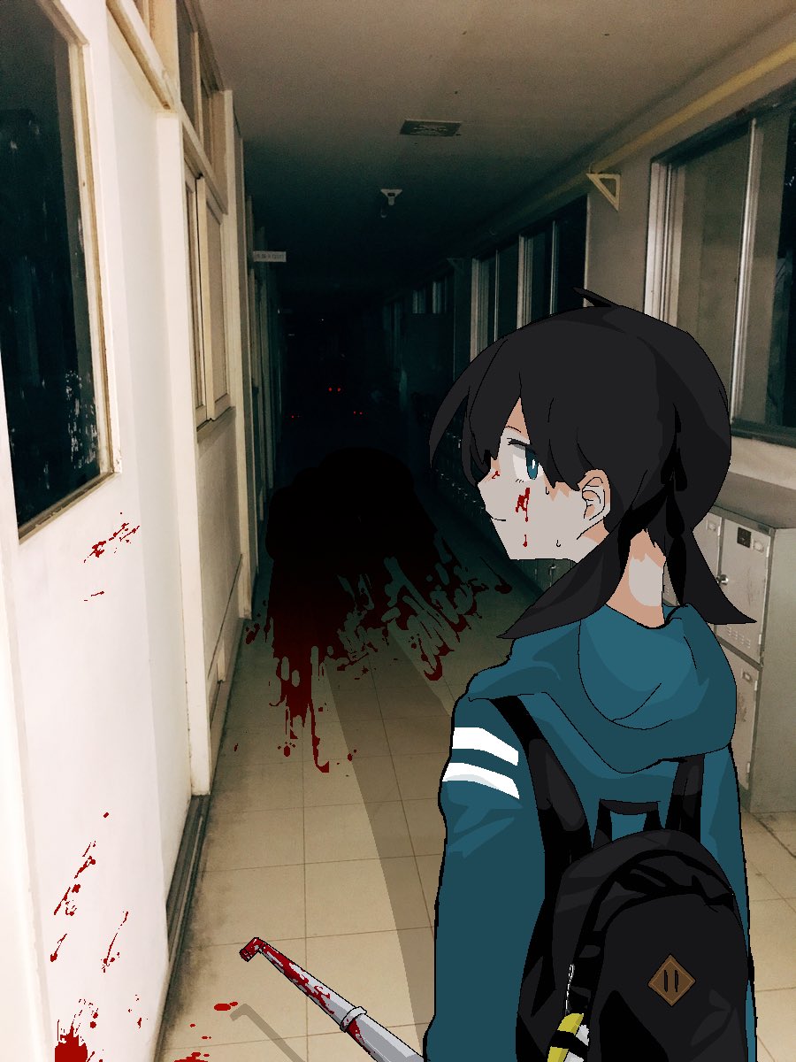 backpack bag bangs black_hair blood blood_on_face blood_on_wall blood_splatter blood_stain blue_jacket charm_(object) closed_mouth commentary_request eguchi_saan eyes_in_shadow from_behind hallway highres holding hood hooded_jacket indoors jacket looking_at_viewer looking_back low_twintails original photo_background school solo sushi_charm tile_floor tiles twintails window