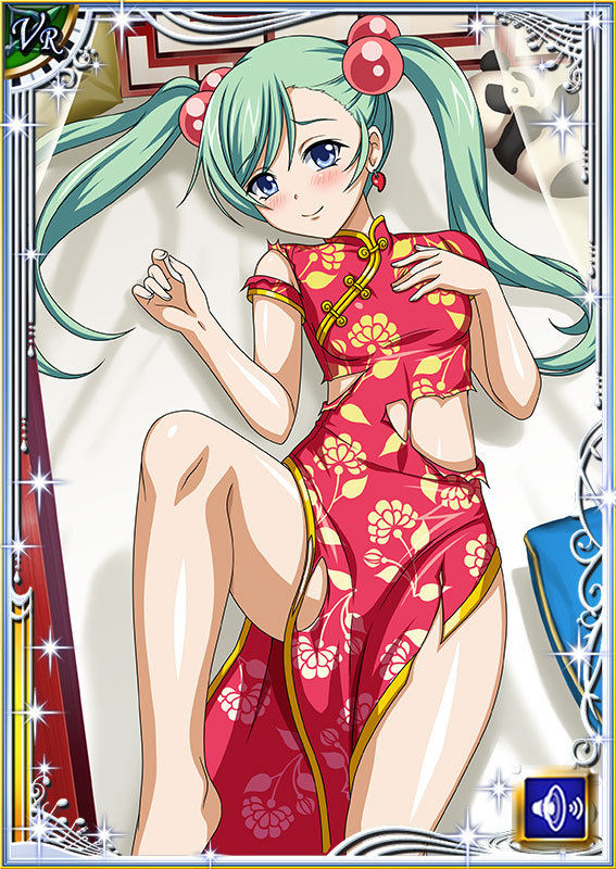 00s 1girl bare_legs barefoot blush breasts card_(medium) chinese_clothes curvy dress female green_hair hair_ornament ikkitousen long_hair looking_at_viewer lying shiny shiny_skin shokatsuryou_koumei small_breasts smile twintails
