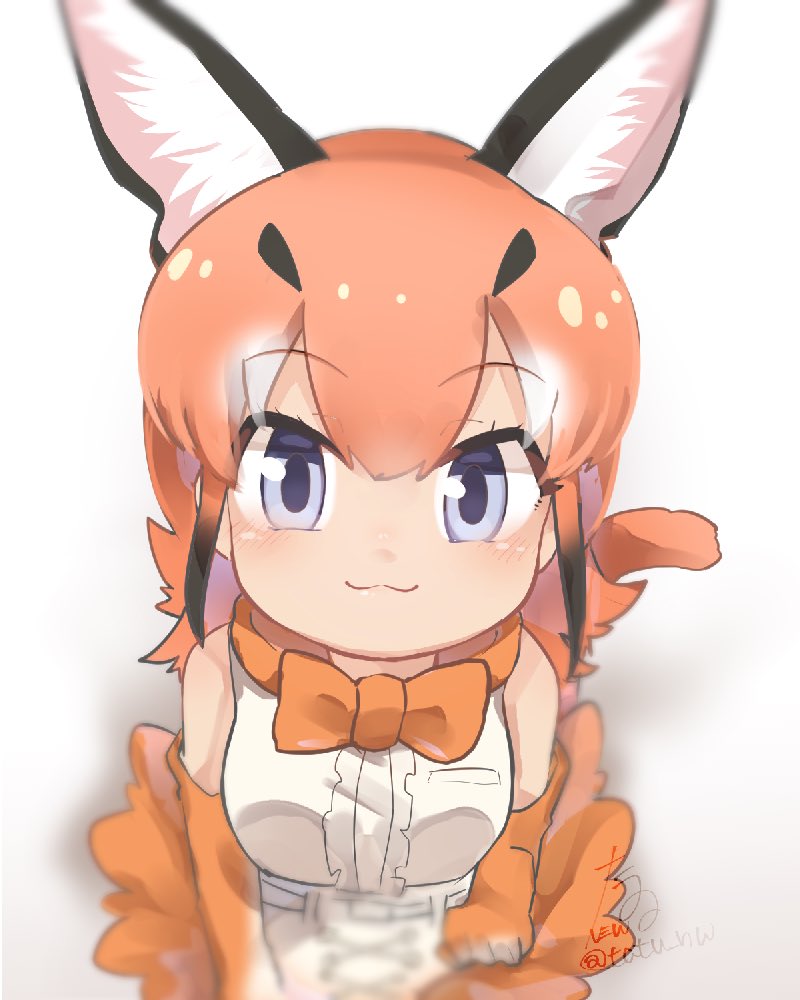 :3 bare_shoulders belt blue_eyes blush bow bowtie caracal_(kemono_friends) caracal_ears caracal_tail center_frills commentary_request elbow_gloves eyebrows_visible_through_hair from_above gloves high-waist_skirt kemono_friends light_brown_hair long_hair multicolored_hair skirt sleeveless solo tatsuno_newo