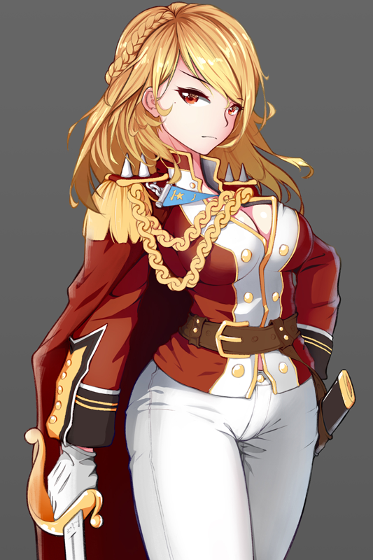 azur_lane belt blonde_hair braid breasts cape cleavage cleavage_cutout epaulettes french_braid grey_background large_breasts long_hair painttool_sai pants pmh1910 prince_of_wales_(azur_lane) red_eyes saber_(weapon) scabbard sheath solo sword unsheathed weapon white_pants