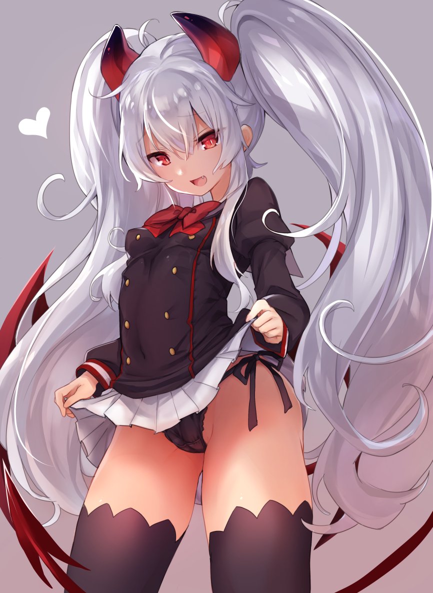 bangs black_panties demon_girl demon_horns demon_tail demon_wings fang grim_aloe horns kedama_milk long_hair panties quiz_magic_academy quiz_magic_academy_the_world_evolve red_eyes red_horns school_uniform side-tie_panties skirt skirt_lift tail thighhighs twintails underwear wings