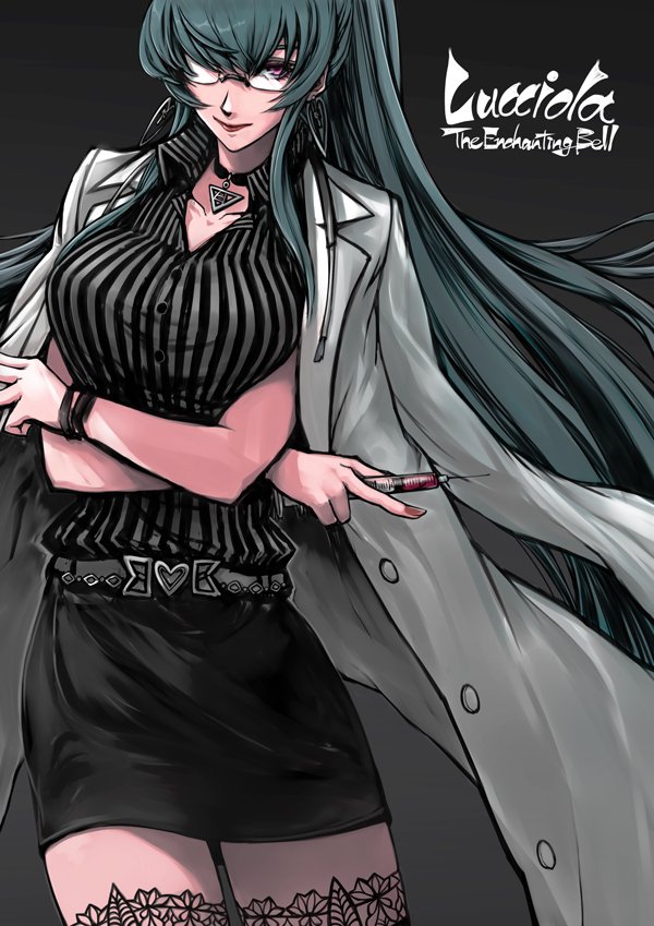 alternate_costume belt belt_buckle between_fingers black_background black_legwear black_skirt blue_hair bracelet breasts buckle character_name coat collarbone collared_shirt cowboy_shot crossed_arms earrings eiyuu_densetsu glasses grey_belt hair_over_one_eye high-waist_skirt irise_ryouji jacket_on_shoulders jewelry lace lace-trimmed_thighhighs large_breasts lips long_hair looking_at_viewer luciola_(eiyuu_densetsu) miniskirt nail_polish necklace one_eye_covered pencil_skirt pinstripe_pattern ponytail red_eyes red_nails shirt shirt_tucked_in silver_trim simple_background skirt solo sora_no_kiseki striped striped_shirt syringe thighhighs wing_collar zettai_ryouiki