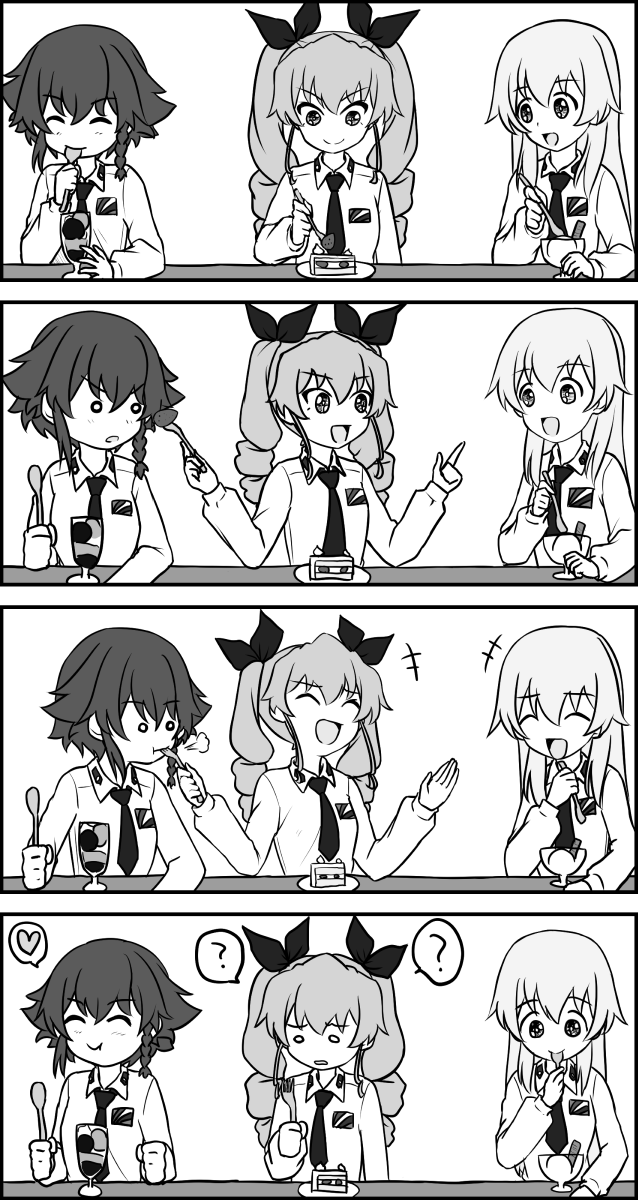 3girls :t =3 ? anchovy anzio_school_uniform bangs black_ribbon braid cake carpaccio closed_eyes closed_mouth comic commentary_request dress_shirt drill_hair eating emblem eyebrows_visible_through_hair food food_theft fork girls_und_panzer greyscale heart highres holding holding_fork holding_spoon ice_cream laughing long_sleeves looking_at_another monochrome multiple_girls necktie o_o open_mouth parfait partial_commentary pepperoni_(girls_und_panzer) pointing ribbon ruka_(piyopiyopu) school_uniform shirt short_hair side_braid silent_comic sitting smile spoken_heart spoken_question_mark spoon sundae twin_drills twintails