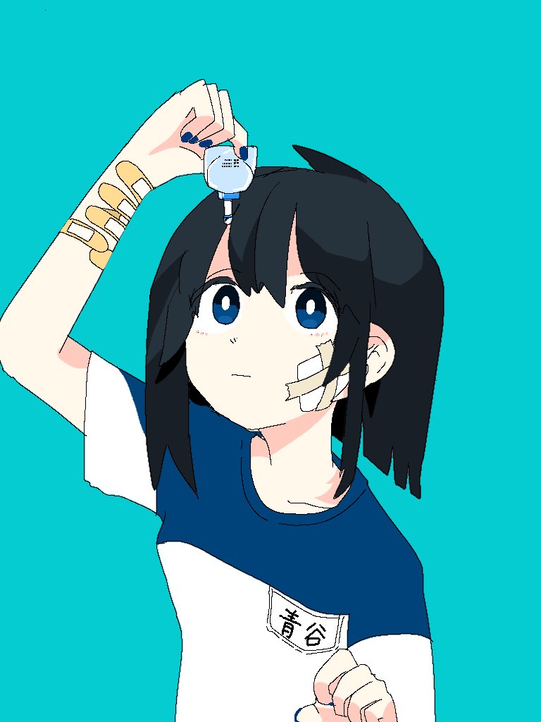 :| bandage_on_face bandaid_on_arm bangs black_hair blue_background blue_eyes blue_nails blue_shirt closed_mouth commentary_request eguchi_saan eyebrows_visible_through_hair fingernails hair_between_eyes holding looking_up nail_polish original shirt short_sleeves simple_background sketch_eyebrows solo upper_body white_shirt