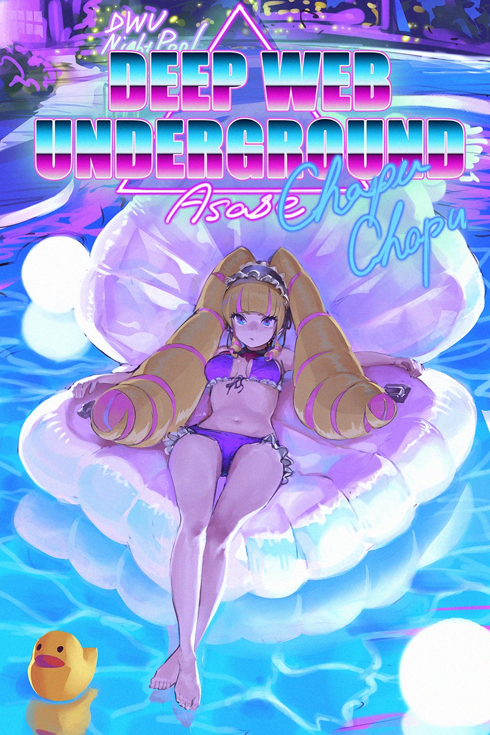 barefoot bikini blonde_hair commentary_request deep_web_underground deep_web_underground_(character) drill_hair gigapuri highres maid_headdress multicolored_hair pool purple_bikini rubber_duck swimsuit twintails vaporwave virtual_youtuber