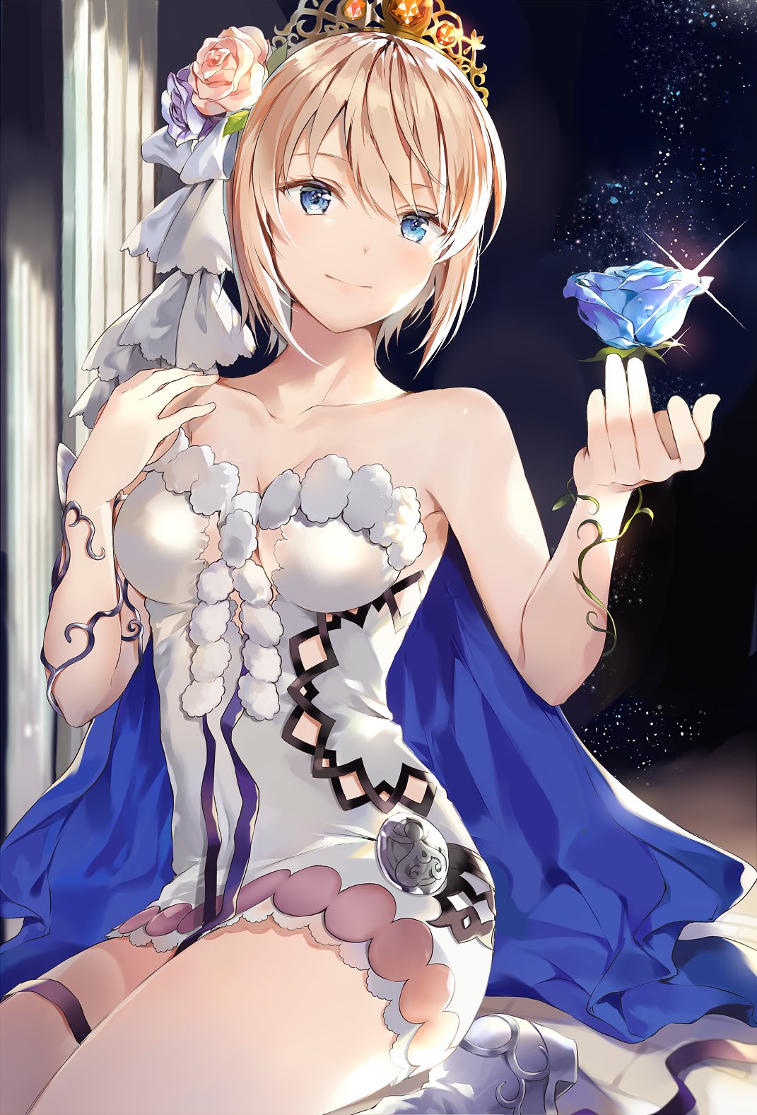 bangs bare_shoulders blonde_hair blue_eyes blue_flower blue_rose blush boots breasts cleavage collarbone commentary dress europa_(granblue_fantasy) eyebrows_visible_through_hair flower granblue_fantasy hair_between_eyes hair_flower hair_ornament head_tilt highres hinahino large_breasts looking_at_hand rose short_dress short_hair sidelocks sitting smile thighs tiara topaz_(stone) wariza white_dress white_footwear