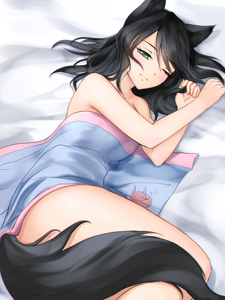 animal_ears bed_sheet black_hair commentary english_commentary eyebrows_visible_through_hair facial_mark forehead_mark gigamessy green_eyes half-closed_eye light_smile long_hair looking_at_viewer lying nude on_side one_eye_closed original solo tail under_covers