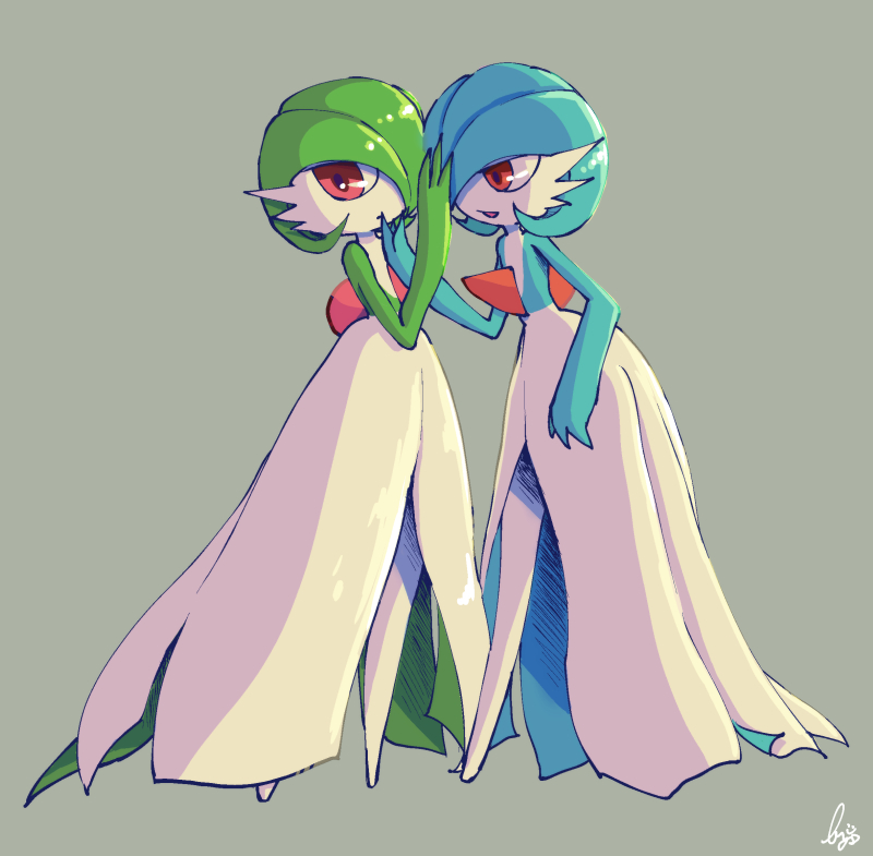 2girls alternate_color artist_name ayano_(aynooopi) blue_hair blue_skin closed_mouth creatures_(company) female flat_chest full_body game_freak gardevoir gen_3_pokemon green_background green_hair green_skin hair_over_one_eye half-closed_eyes hand_on_another's_face hand_up looking_away looking_to_the_side multiple_girls nintendo no_humans open_mouth pokemon pokemon_(creature) red_eyes shiny shiny_hair shiny_pokemon signature simple_background smile standing two-tone_skin white_skin