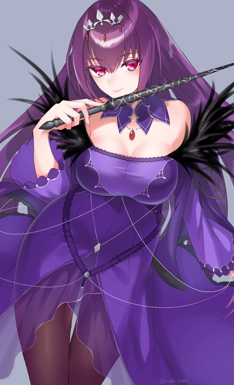 bad_id bad_pixiv_id bangs breasts cleavage commentary_request dress fate/grand_order fate_(series) fur_trim hair_between_eyes highres hisame-mao-kzok jewelry large_breasts long_hair looking_at_viewer pantyhose purple_dress purple_hair red_eyes scathach_(fate)_(all) scathach_skadi_(fate/grand_order) smile solo tiara wand