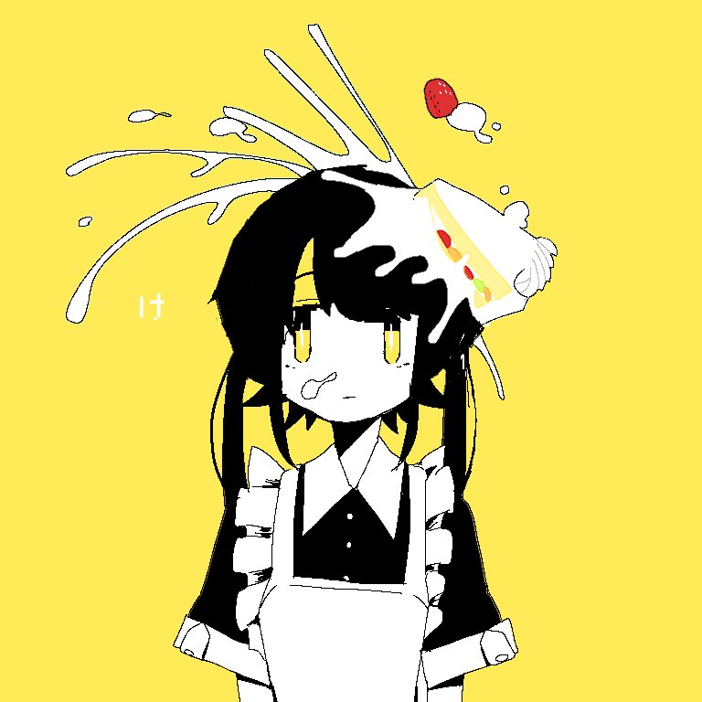 apron black_dress cake collared_dress commentary_request dress eguchi_saan food frilled_apron frills fruit greyscale looking_at_viewer maid maid_dress monochrome original short_sleeves simple_background slice_of_cake solo splatter strawberry waist_apron yellow_background