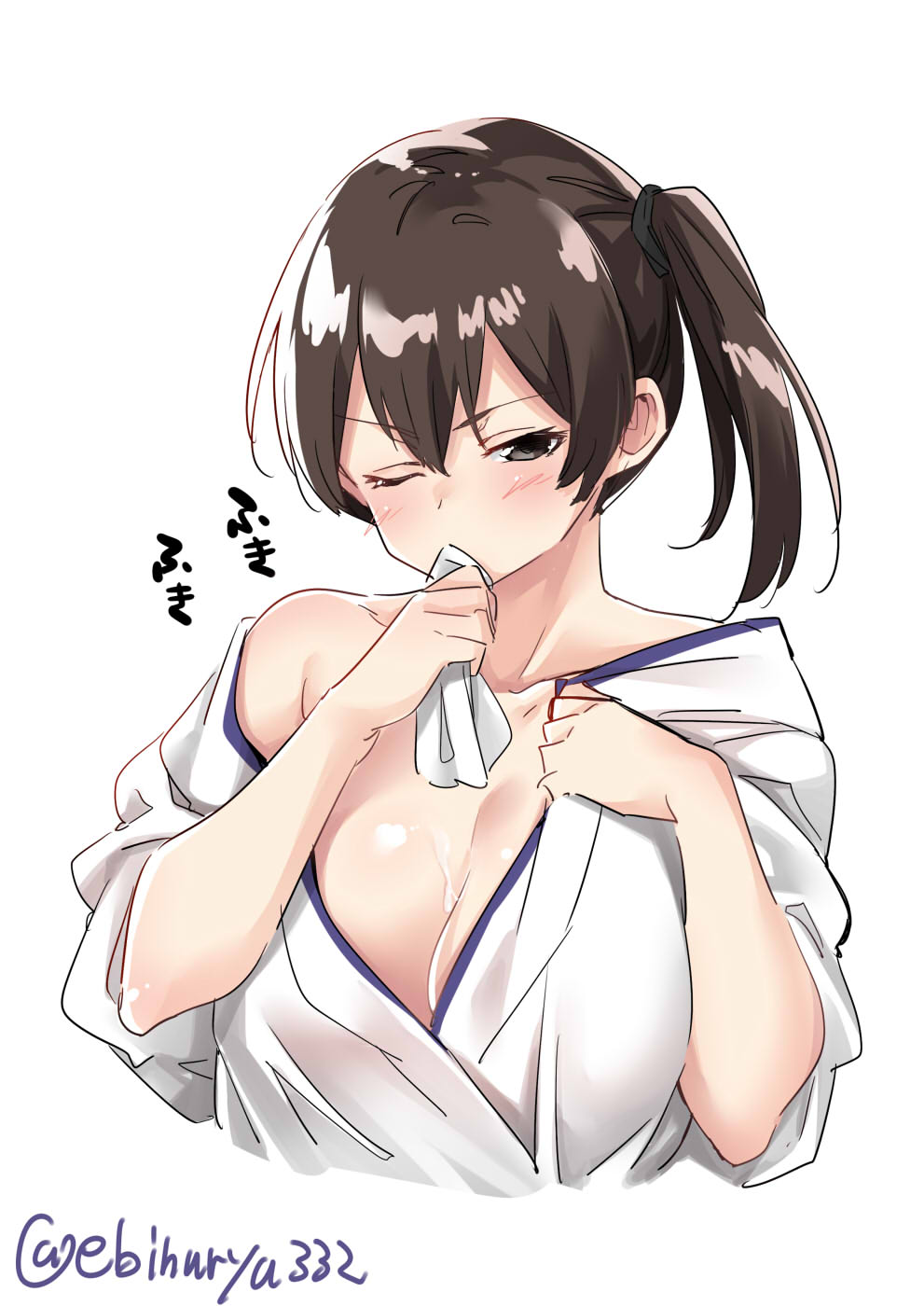 bare_shoulders blush breasts brown_eyes cleavage commentary_request coughing cropped_torso ebifurya half-closed_eye handkerchief hands_up highres japanese_clothes kaga_(kantai_collection) kantai_collection kimono large_breasts long_hair looking_at_viewer one_eye_closed side_ponytail simple_background solo sound_effects suggestive_fluid twitter_username upper_body v-shaped_eyebrows white_background white_kimono