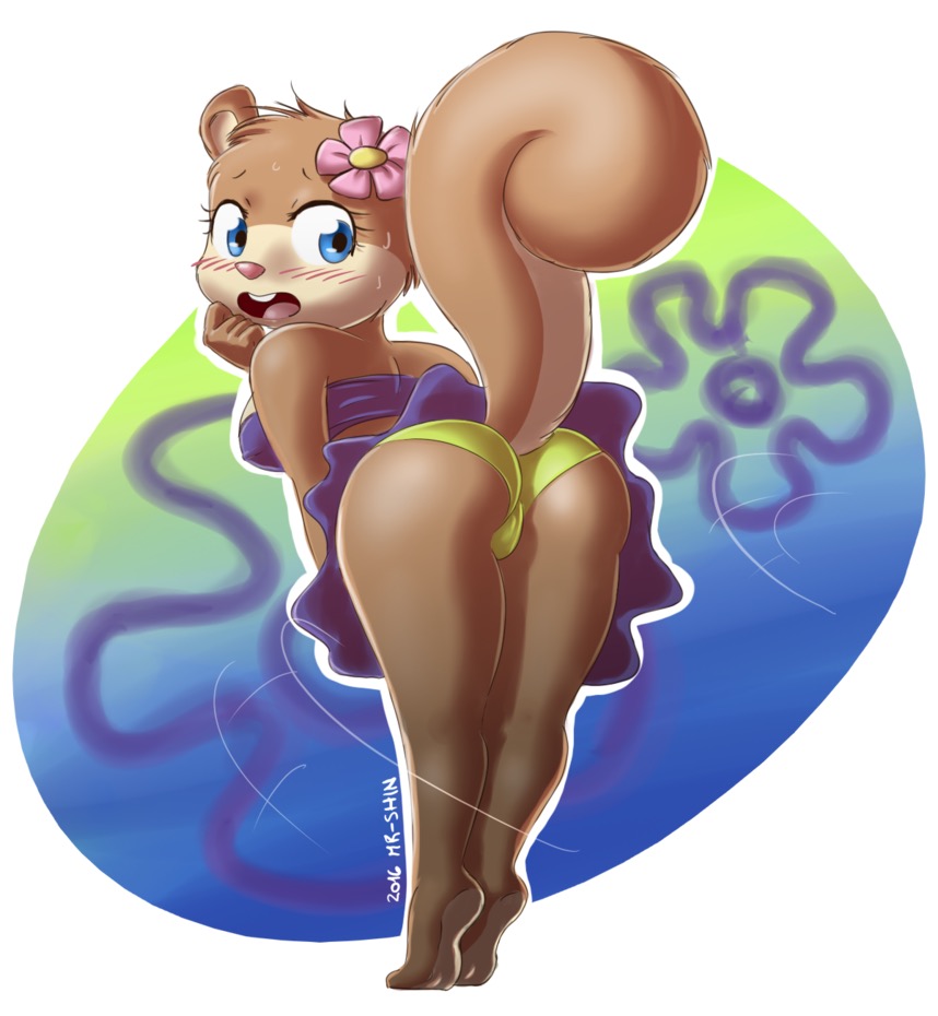 anthro barefoot blue_eyes blush butt camel_toe clothing eyelashes feet female flower fur looking_back mammal nickelodeon open_mouth pink_nose plant presenting presenting_hindquarters raised_heel rodent sandy_cheeks solo spongebob_squarepants squirrel sweat teeth tongue