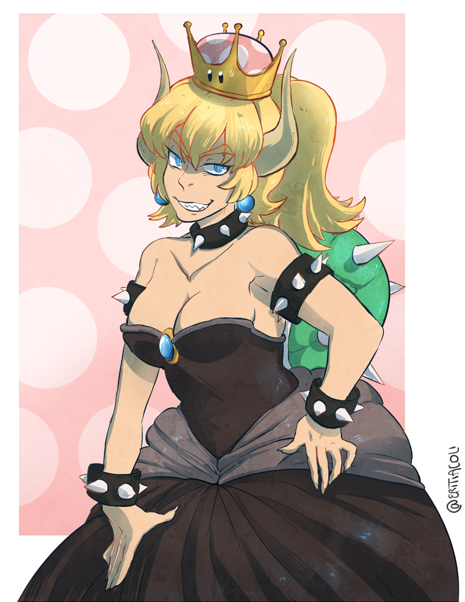 2018 5_fingers animal_humanoid armband blonde_hair blue_eyes bowser bowsette breasts cleavage clothed clothing collar crossgender dress eritiacoli female gender_transformation grin hair hand_on_hip hi_res horn humanoid koopa looking_at_viewer mario_bros mtf_transformation nintendo peachette reptile reptile_humanoid scalie shell simple_background smile solo spiked_collar spikes transformation video_games