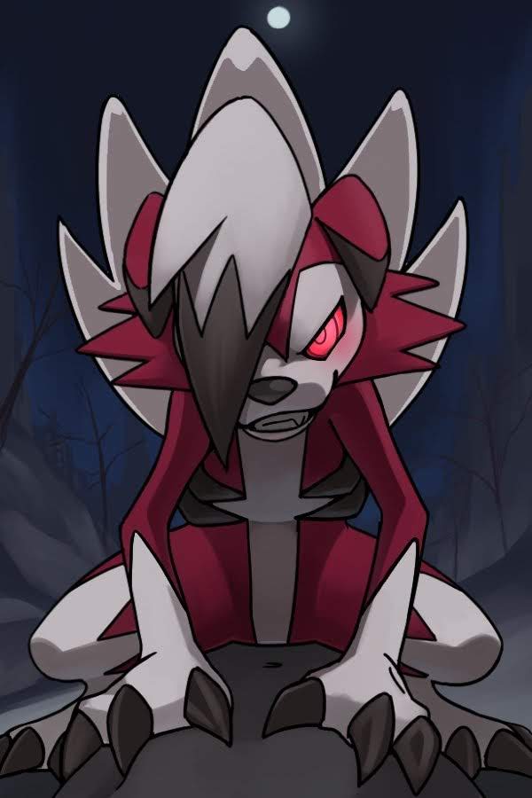 2018 ambiguous_gender anthro biped blush canine claws crest detailed_background digital_media_(artwork) fur hair hi_res illuminated_eyes katahane3 leafless_trees looking_at_viewer lycanroc mammal midnight_lycanroc moon multicolored_fur night nintendo outside pok&eacute;mon pok&eacute;mon_(species) red_eyes red_fur sky smile solo standing teeth toes video_games white_fur