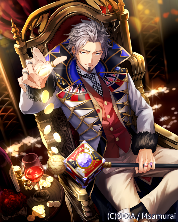 black_legwear blue_eyes bottle coin commentary_request crossed_legs cup drinking_glass dropping facial_hair formal from_above fur_trim goatee gold grey_hair hortensia_saga indoors jewelry looking_at_viewer male_focus official_art red_vest ring scepter sekisue solo suit table throne thumb_ring vest walking_stick watermark white_footwear wine_bottle wine_glass