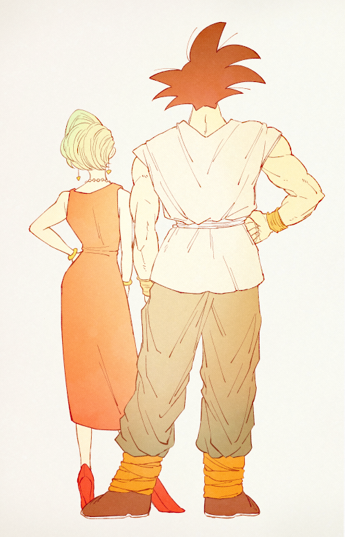 1girl bare_arms black_hair bracelet bulma clenched_hand dougi dragon_ball dragon_ball_z dress earrings facing_away full_body grey_background hand_on_hip height_difference high_heels jewelry necklace older onkywi orange_dress red_footwear short_hair simple_background sleeveless sleeveless_dress son_gokuu spiked_hair standing wristband