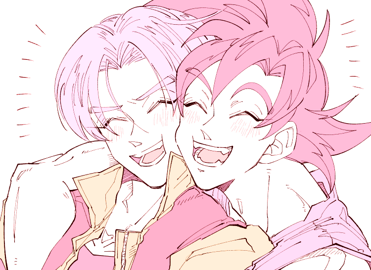 2boys blush cheek-to-cheek closed_eyes dragon_ball dragon_ball_z eyebrows_visible_through_hair happy male_focus monochrome multiple_boys onkywi open_mouth sharp_teeth short_hair simple_background smile son_gokuu teeth trunks_(dragon_ball) upper_body white_background