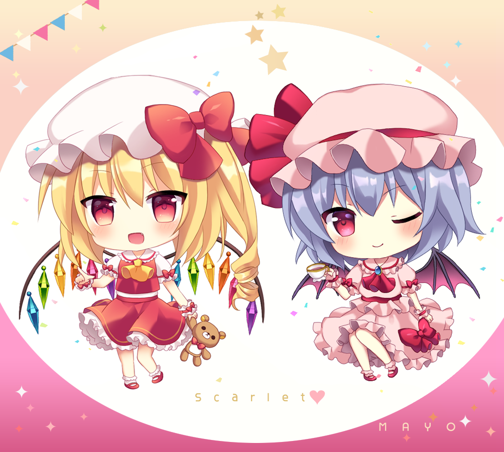 ;) ascot bangs bat_wings beige_background blonde_hair blue_hair bobby_socks bow brooch chibi circle commentary_request confetti crystal cup dress eyebrows_visible_through_hair fang flandre_scarlet frilled_shirt_collar frills full_body gradient gradient_background hair_ornament hairclip hat hat_bow hat_ribbon head_tilt holding holding_cup holding_stuffed_animal jewelry long_hair looking_at_viewer mary_janes mayo_(miyusa) mob_cap multiple_girls one_eye_closed one_side_up open_mouth petticoat pink_background pink_dress pink_hat pink_legwear pointing puffy_short_sleeves puffy_sleeves red_bow red_eyes red_footwear red_neckwear red_ribbon red_skirt red_vest remilia_scarlet ribbon shirt shoes short_sleeves siblings sisters sitting skirt smile socks standing star string_of_flags stuffed_animal stuffed_toy teacup teddy_bear touhou vest white_hat white_legwear white_shirt wings wrist_cuffs yellow_neckwear