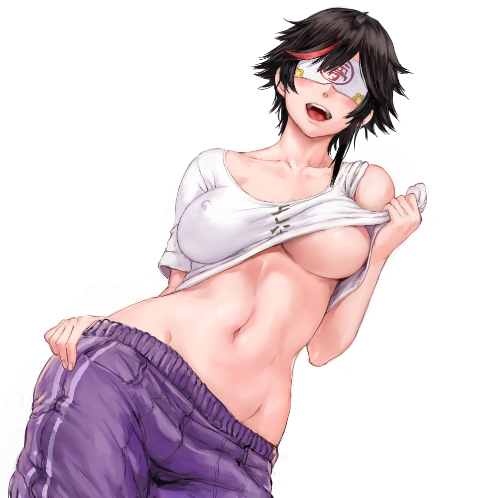 bangs black_hair blindfold blush breasts clothes_writing collarbone commentary covered_eyes covered_nipples cowboy_shot double_vertical_stripe facing_viewer groin hand_on_hip large_breasts minori_yumeko minori_yumeko_(character) multicolored_hair navel open_mouth pants parted_bangs pocket purple_pants shiny shiny_hair shirt shirt_lift short_hair short_sleeves shu-mai simple_background single_bare_shoulder smile solo standing stomach streaked_hair t-shirt track_pants underboob virtual_youtuber white_background white_shirt