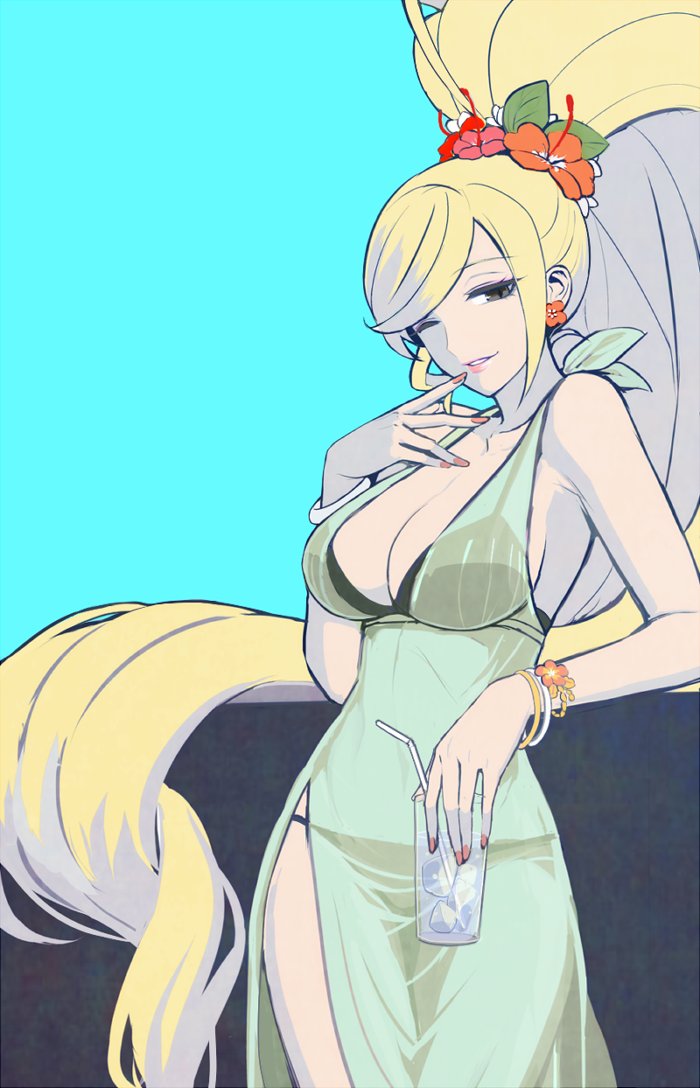 ;) against_wall bangle bangs black_bra black_panties blonde_hair blue_sky bra bracelet breasts cleavage commentary_request cup dress drink drinking_glass drinking_straw earrings flower flower_earrings green_dress grey_eyes hair_flower hair_ornament high_ponytail hilda_(under_night_in-birth) ice ice_cube jewelry korean_commentary large_breasts lipstick long_hair makeup nail_polish one_eye_closed panties scrunchie see-through side_slit sky smile solo swept_bangs tb_(spr1110) under_night_in-birth underwear very_long_hair