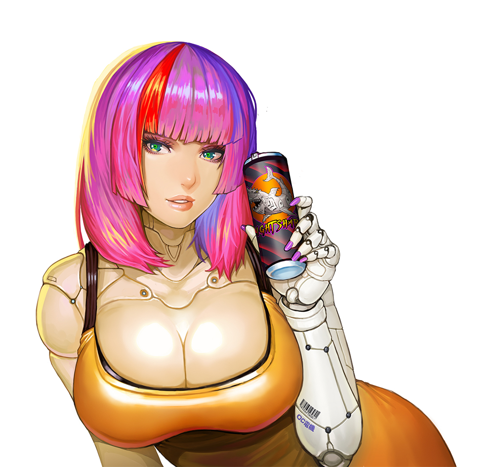 barcode breasts cleavage cola cyberpunk cyborg green_eyes large_breasts lieqi_hun looking_at_viewer mechanical_arm multicolored_hair nail_polish original parted_lips pink_hair purple_nails solo two-tone_hair